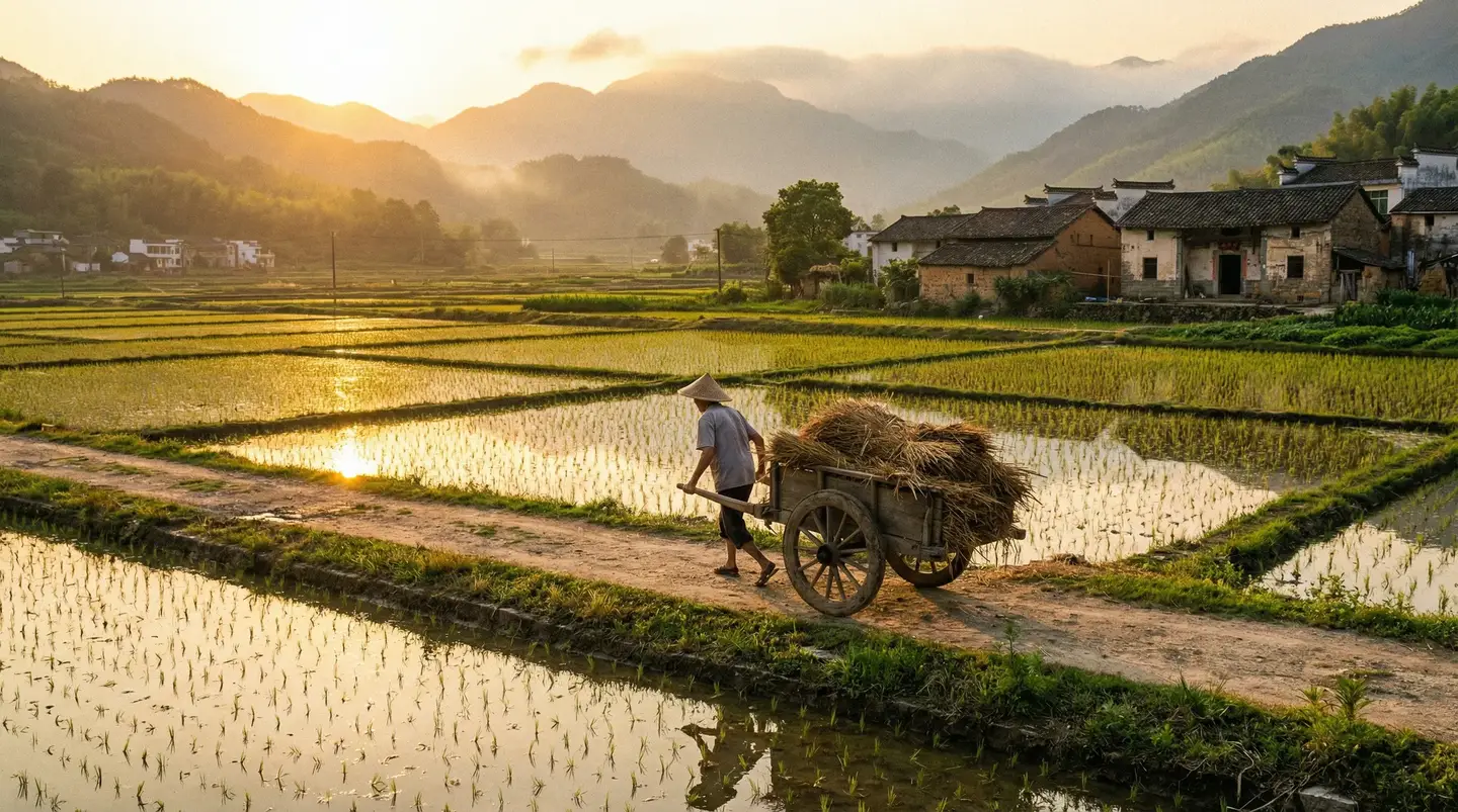 半藏森林不带套是什么梗 - 金色夕阳下的乡村田野，老农推着木车行走在田埂上