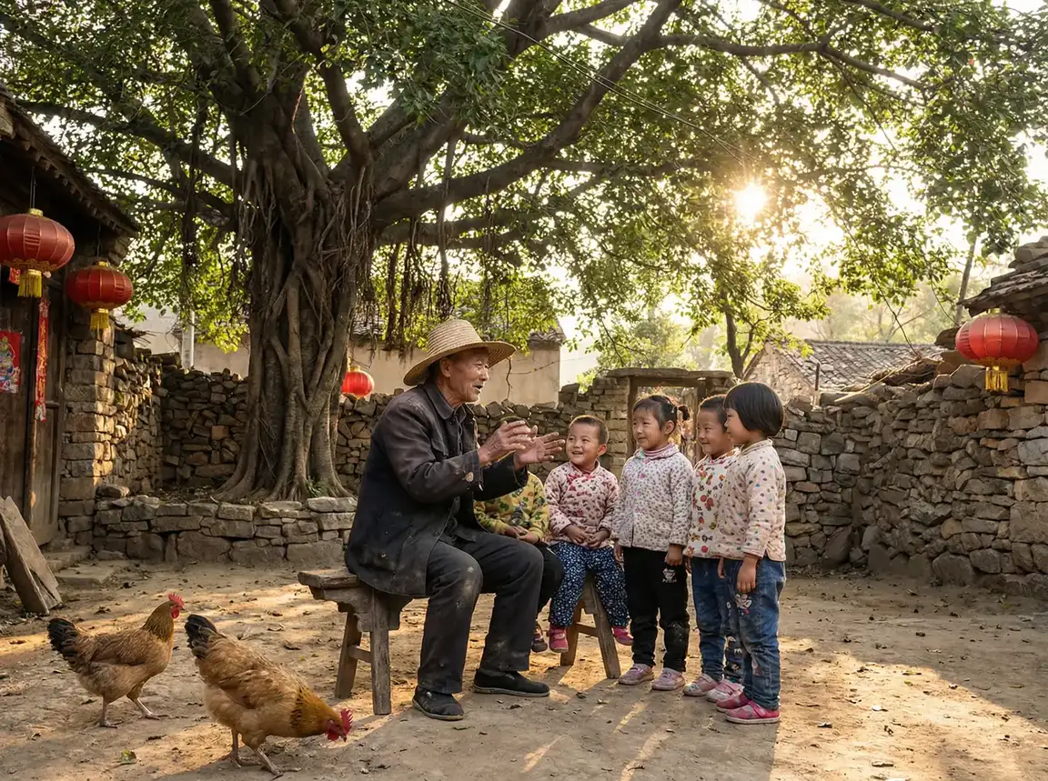 老人在大榕树下给孩子们讲故事 - 半藏森林不带套是什么梗 乡村记忆
